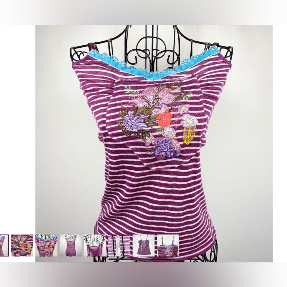 Free People Floral Striped Embroidered Tank Top Purple Pink Size Small NWOT